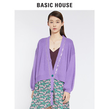 Basic House/百家好2018新款针织衫V领开衫长袖女生上衣HSKT522A图片
