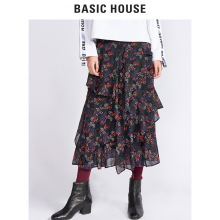 Basic House/百家好冬季中长款碎花长裙荷叶裙边百搭裙子HRSK721A图片