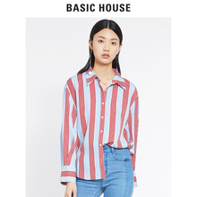 Basic House/百家好2018夏秋新款百搭条纹宽松长袖衬衫女HSWS521F图片