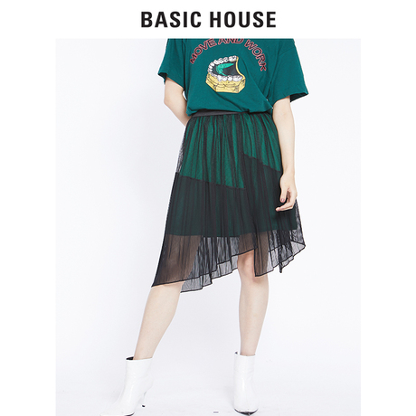 Basic House/百家好2018夏季新款中腰不规则拼接半身裙子HSSK521F商品大图