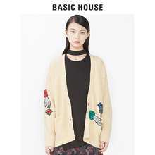 Basic House/百家好冬季新款绣花V领短款百搭针织开衫女HRKT720S图片