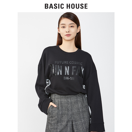 Basic House/百家好冬季新款纯色字母长袖圆领无帽卫衣HSTS721E商品大图