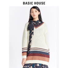Basic House/百家好冬季新款V领拼条长袖宽松针织毛衣女HRKT721D图片
