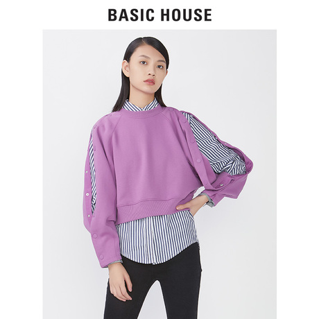 Basic House/百家好秋冬季长袖短款圆领针织衫袖子开叉HRTS727M商品大图