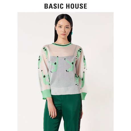 Basic House/百家好2018新款圆领针织衫卡通长袖防晒衣女HSKT321D商品大图