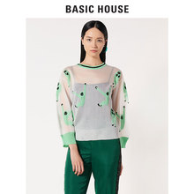 Basic House/百家好2018新款圆领针织衫卡通长袖防晒衣女HSKT321D图片