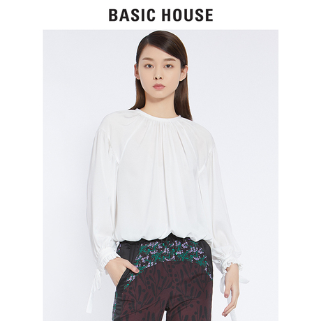 Basic House/百家好2018秋新款韩版纯色淑女圆领长袖衬衫HSBL521B商品大图