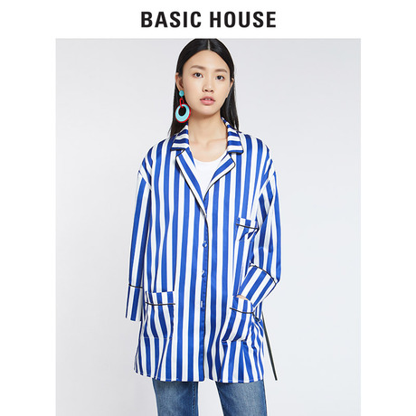 Basic House/百家好2018春秋新款韩版立领条纹长袖衬衫女HSBL628D商品大图