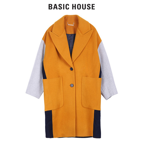 Basic House/百家好2018秋冬新品大衣女潮流拼色长袖外套HSCA720C商品大图