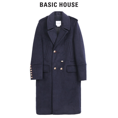 Basic House/百家好冬季加厚中长款复古毛呢大衣经典款HQCA725D商品大图