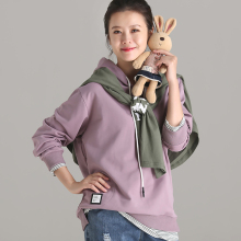 米可可  R8822 文艺大码V领带帽假两件拼接长袖宽松卫衣女2018秋图片