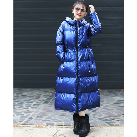 米可可  W8095 韩版宽松直筒电光蓝连帽收腰长款加厚棉服女 2018商品大图