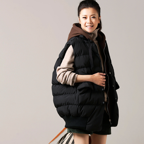 米可可  V9902 韩版连帽拼色假2件拉链口袋加厚棉马甲中长款女冬商品大图