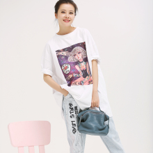 米可可T900 文艺大码破边圆领美女印花串珠亮片白T恤女 2018夏图片