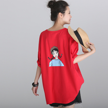 米可可T570 文艺大码圆领五分落肩袖美女印花薄款T恤女 2018夏图片