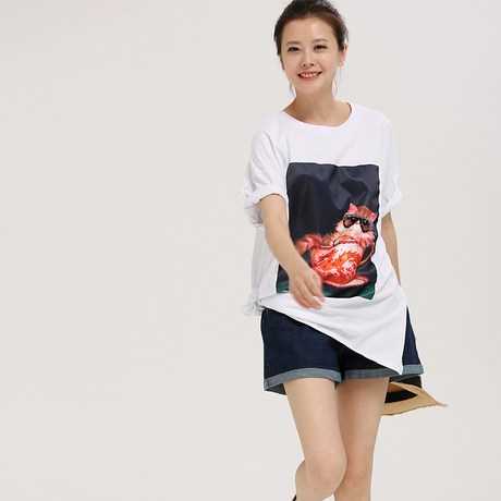 米可可T8805 文艺宽松圆领猫咪串珠印花落肩袖白T恤女 2018夏商品大图