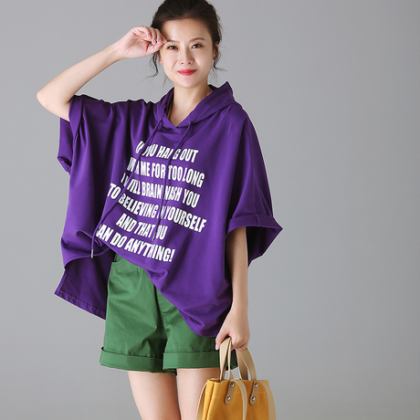 米可可 R8295 文艺大码连帽撞色字母蝙蝠袖短袖卫衣女 2018秋新商品大图