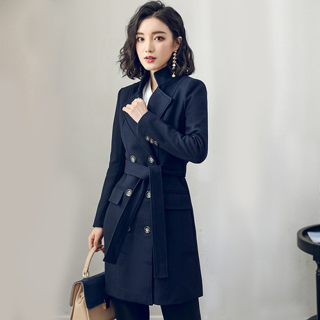 艾尚臣2018秋季新款职业装毛呢纽扣大衣中长款女韩版工作服外套商品大图