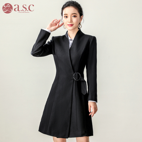 艾尚臣2018新款韩版黑色毛呢大衣女中长款修身工作服毛呢外套女装商品大图