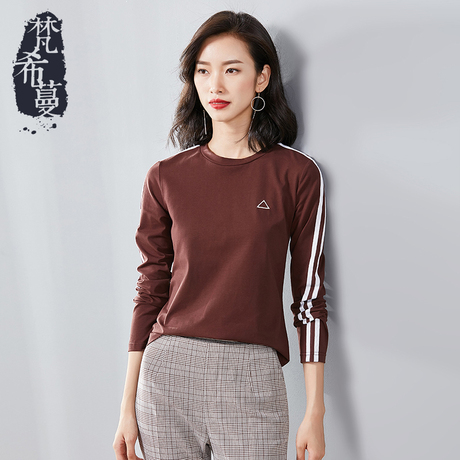 梵希蔓初秋上衣韩版女长袖2018新款圆领简约撞色织带T恤女打底衫商品大图