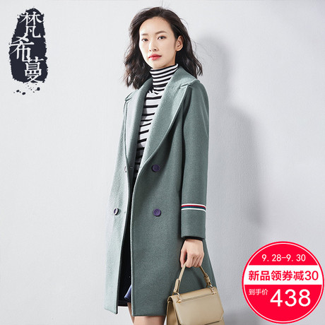 梵希蔓毛呢外套女2018新款秋冬款中长款翻领双排扣修身复古呢大衣商品大图