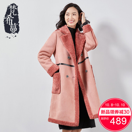 梵希蔓鹿皮绒风衣女中长款2018新款秋冬加绒加厚翻领双排扣外套女商品大图