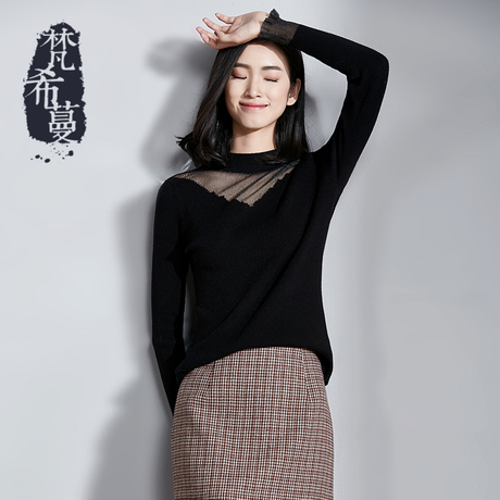 梵希蔓新款长袖毛衣女套头秋冬毛线衣修身打底上衣拼接镂空针织衫商品大图