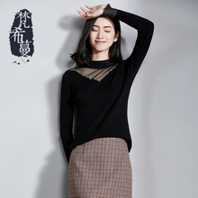 梵希蔓新款长袖毛衣女套头秋冬毛线衣修身打底上衣拼接镂空针织衫图片