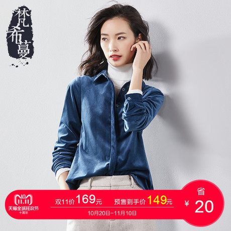 【预售】梵希蔓丝绒衬衫女长袖2018秋冬港味复古修身显瘦衬衣商品大图