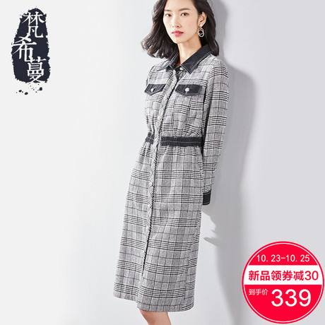 梵希蔓连衣裙女秋冬2018新款中长款长袖千鸟格毛呢裙子显瘦A字裙商品大图