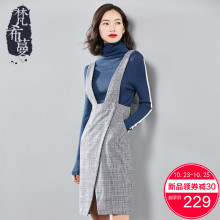 梵希蔓背带裙秋冬女2018新款韩版毛呢连衣裙开叉呢料千鸟格包臀裙图片