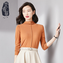 梵希蔓2018秋季新款女装韩版文艺修身半高领焦糖色t恤短款打底衫图片