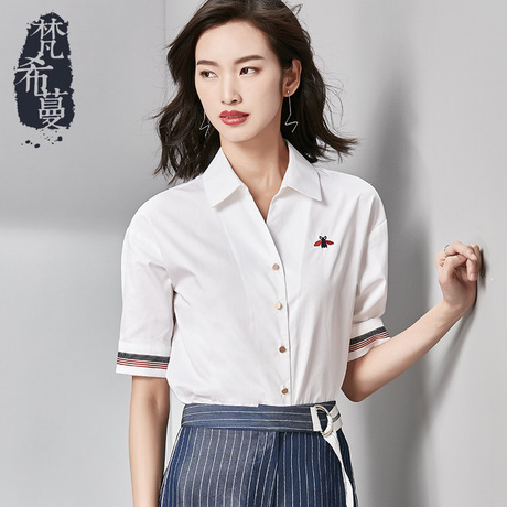 梵希蔓白色衬衣女短袖夏季撞色刺绣polo领五分袖韩版通勤纯棉衬衫商品大图