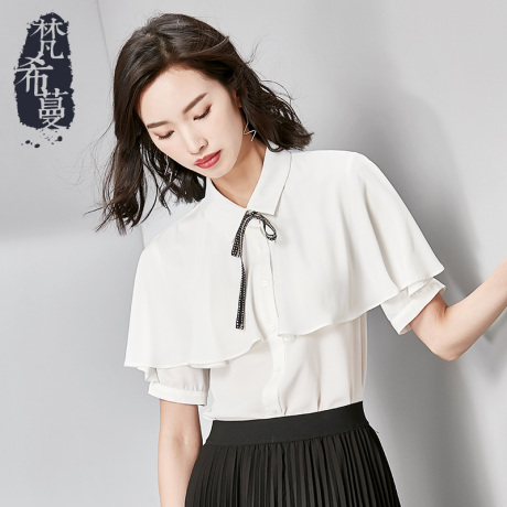 梵希蔓雪纺衬衫女短袖夏季蝴蝶结翻领拼接披肩优雅减龄通勤衬衣女商品大图