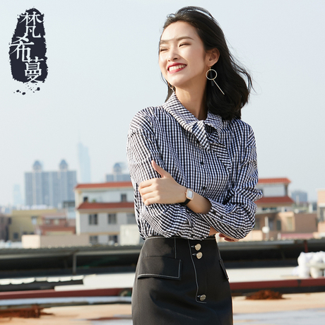 梵希蔓文艺格子衬衫短款2018秋季新款女装韩版宽松长袖蝴蝶结衬衣商品大图