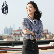 梵希蔓文艺格子衬衫短款2018秋季新款女装韩版宽松长袖蝴蝶结衬衣图片