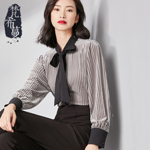 梵希蔓丝绒衬衫女长袖2018秋天复古优雅灯笼袖飘带衬衣女通勤上衣图片