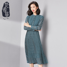 梵希蔓2018秋季新款女装韩版收腰长袖雪纺波点连衣裙百褶裙中长款图片