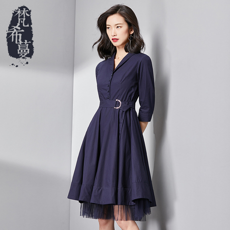 梵希蔓衬衫连衣裙中长款2018秋新款女装收腰九分袖a字裙蕾丝拼接商品大图