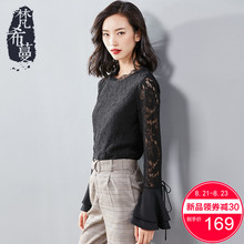 梵希蔓黑色蕾丝上衣女超仙长袖2018秋季喇叭袖绣花优雅显瘦打底衫图片
