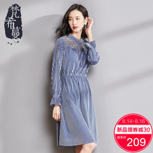 梵希蔓丝绒连衣裙女2018新款秋季长袖中长款拼接蕾丝喇叭袖A字裙图片
