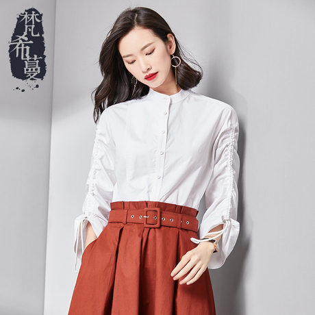 梵希蔓2018秋季新款女装韩版纯棉抽绳白色衬衫女小立领职业衬衣女商品大图