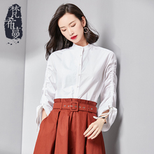 梵希蔓2018秋季新款女装韩版纯棉抽绳白色衬衫女小立领职业衬衣女图片