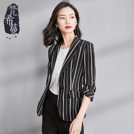 梵希蔓2018秋季西装外套女休闲条纹修身职业一粒扣九分袖小西服女商品大图