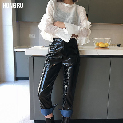 皮裤女2018新款韩版亮片九分皮裤牛仔拼接卷边休闲简约直筒阔腿裤