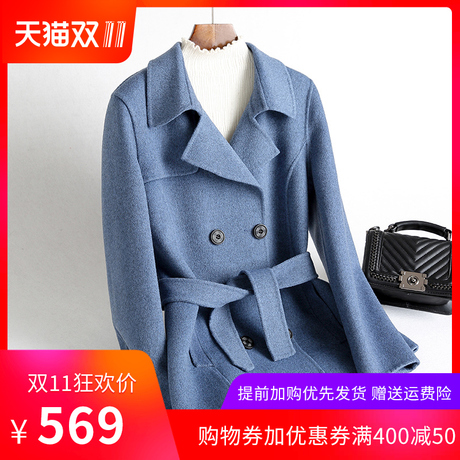 2018秋冬装新款双面羊绒呢子大衣 系带韩版短款羊毛呢外套女装商品大图