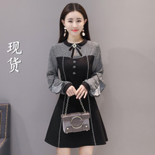 女装 连衣裙 显瘦修身 格子拼接流行蝴蝶结圆领长袖 实拍2018早春新品