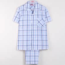 52427家居服套装 纯棉梭织格子短袖 专柜正品 长裤 美标睡衣男夏新款