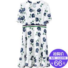 气质 女装 66元 V领印花织带纽扣花色雪纺连衣裙女短袖 清仓特价