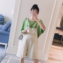 纯色短袖 T恤翻边可调节背带短裤 两件套装 2019夏装 韩版 新款 孕妇装